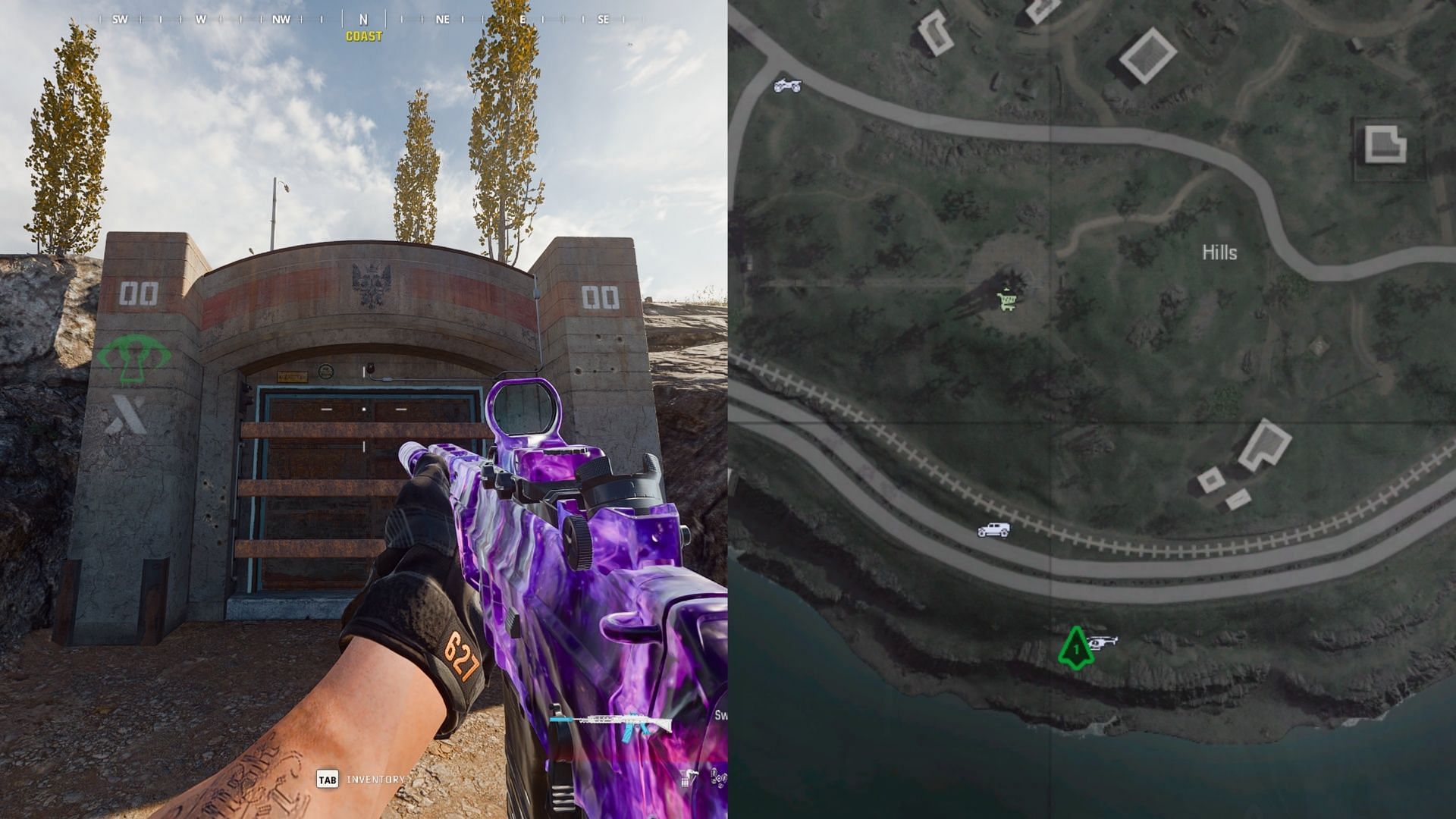 Location of Bunker 00 in Verdansk (Images via Sportskeeda Gaming || Activision)